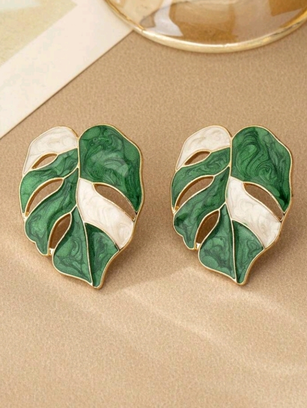 NEW! Statement Green and White Monstera Leaf Enamel Stud Earrings